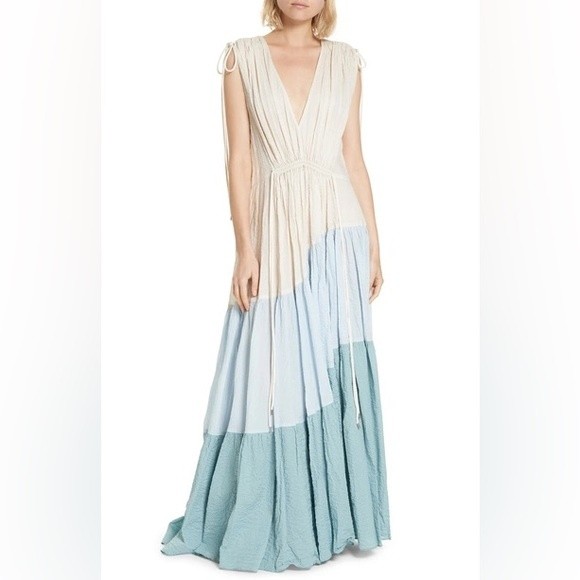 Lee Mathews Lilian Tiered Colorblock Seersucker Maxi Dress Size 3 New Nwt